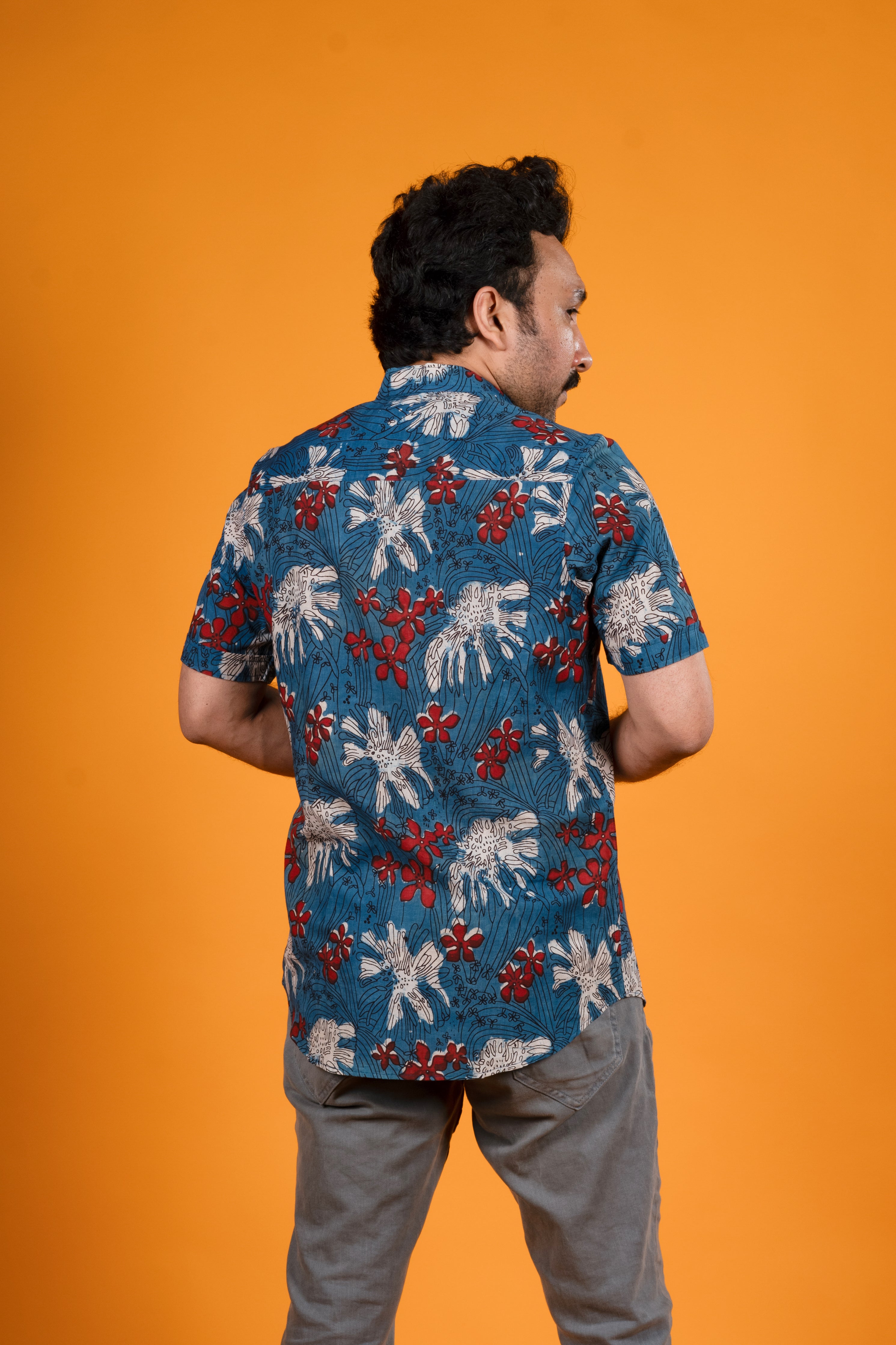 Red White Flowers Indigo Print Shirt