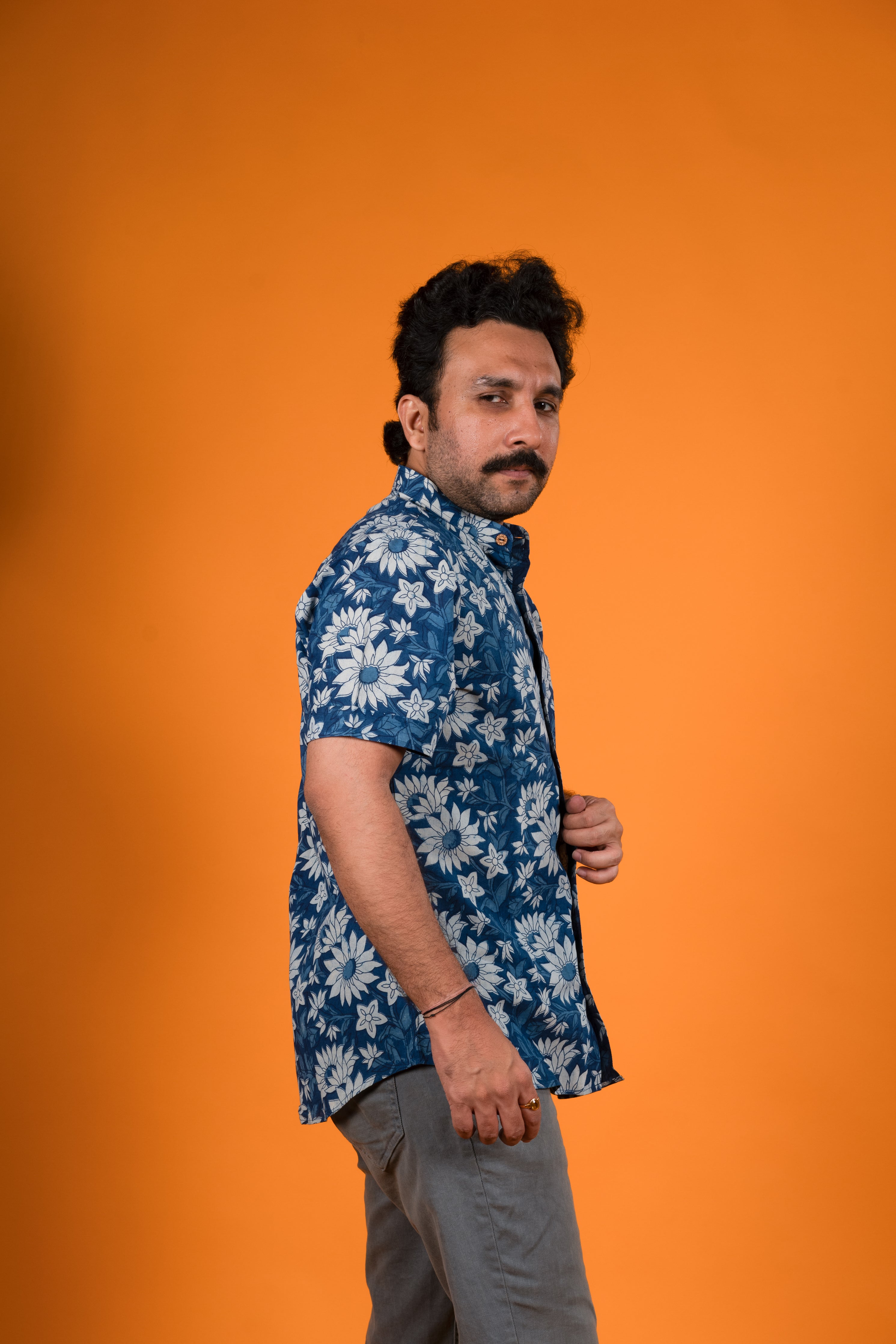 White Flowers Indigo Print Shirt