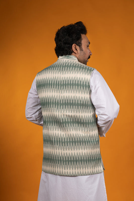 White and Green Ikat Nehru Jacket