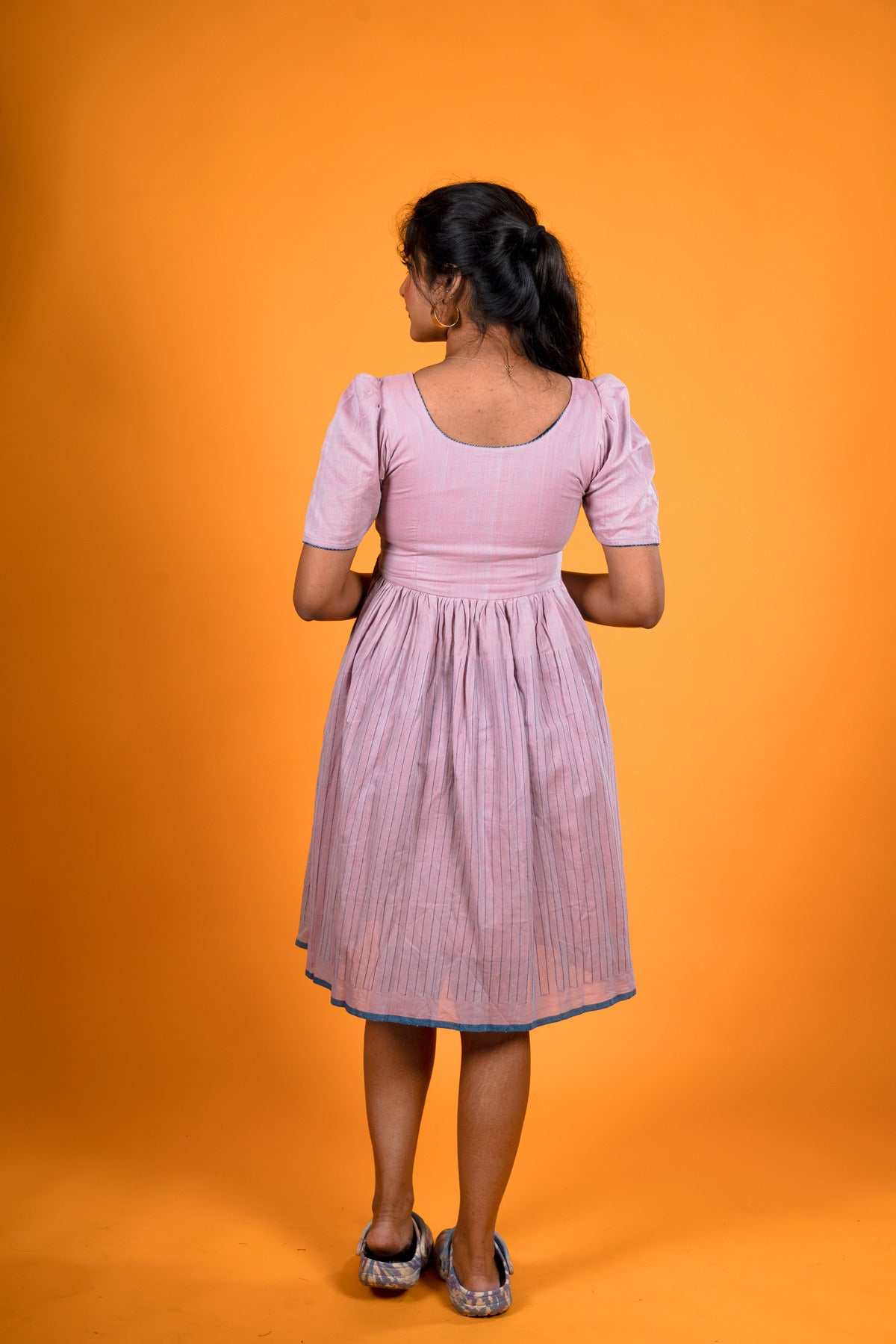 Lavender Khadi Stripes Dress - Padmini