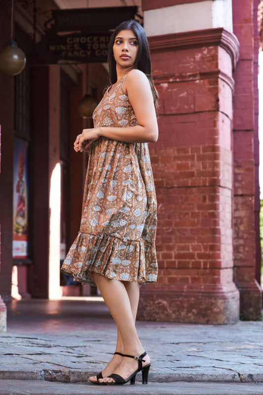 Brown Bagru Cotton Dress – Neeraja