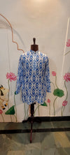 White and Blue Print Jaipuri (Mul Mul) Cotton Kurta