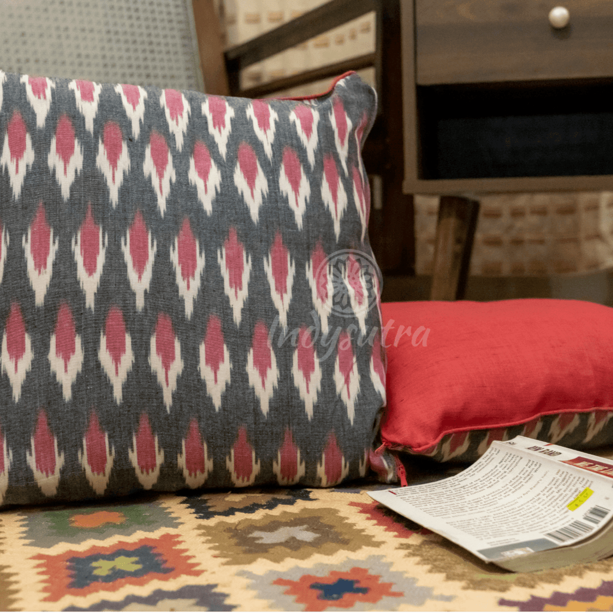 Grey and Red Ikat Cushion Cover set