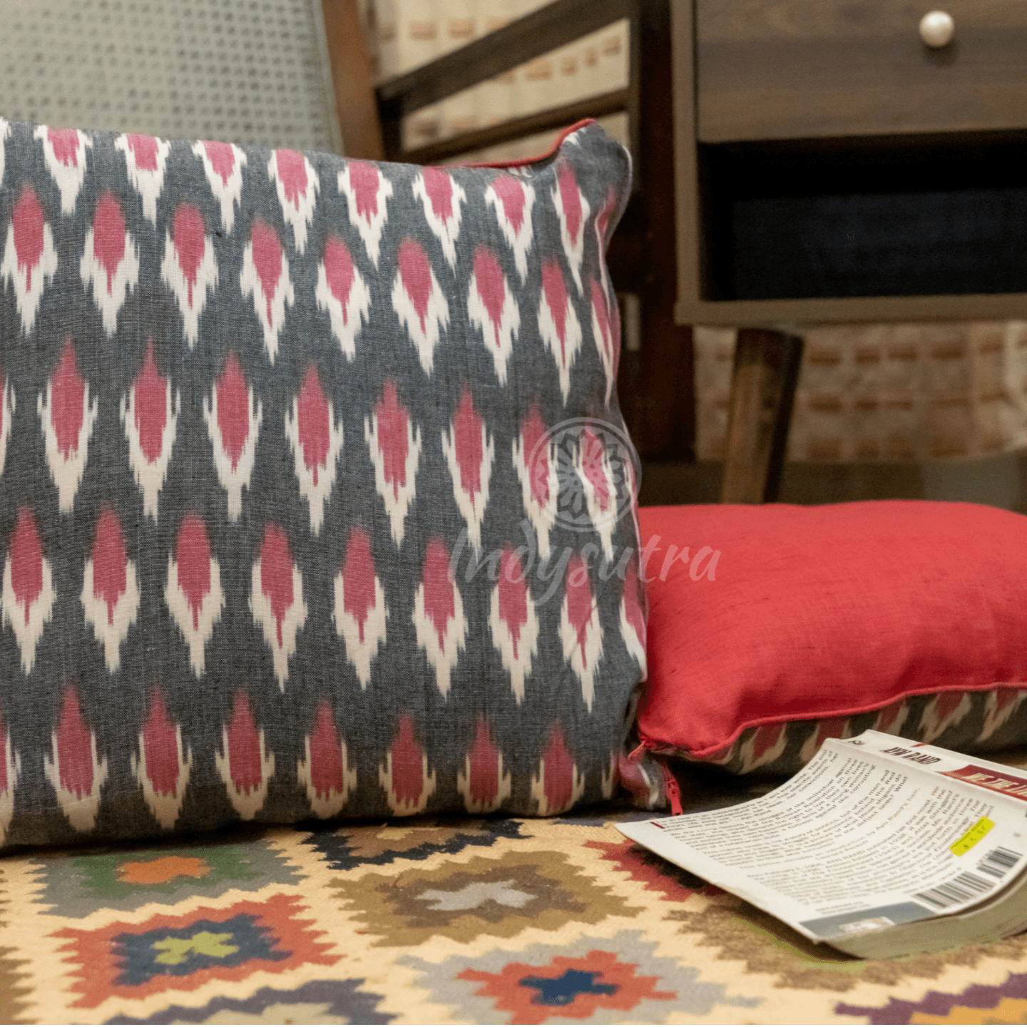 Grey and Red Ikat Cushion Cover set