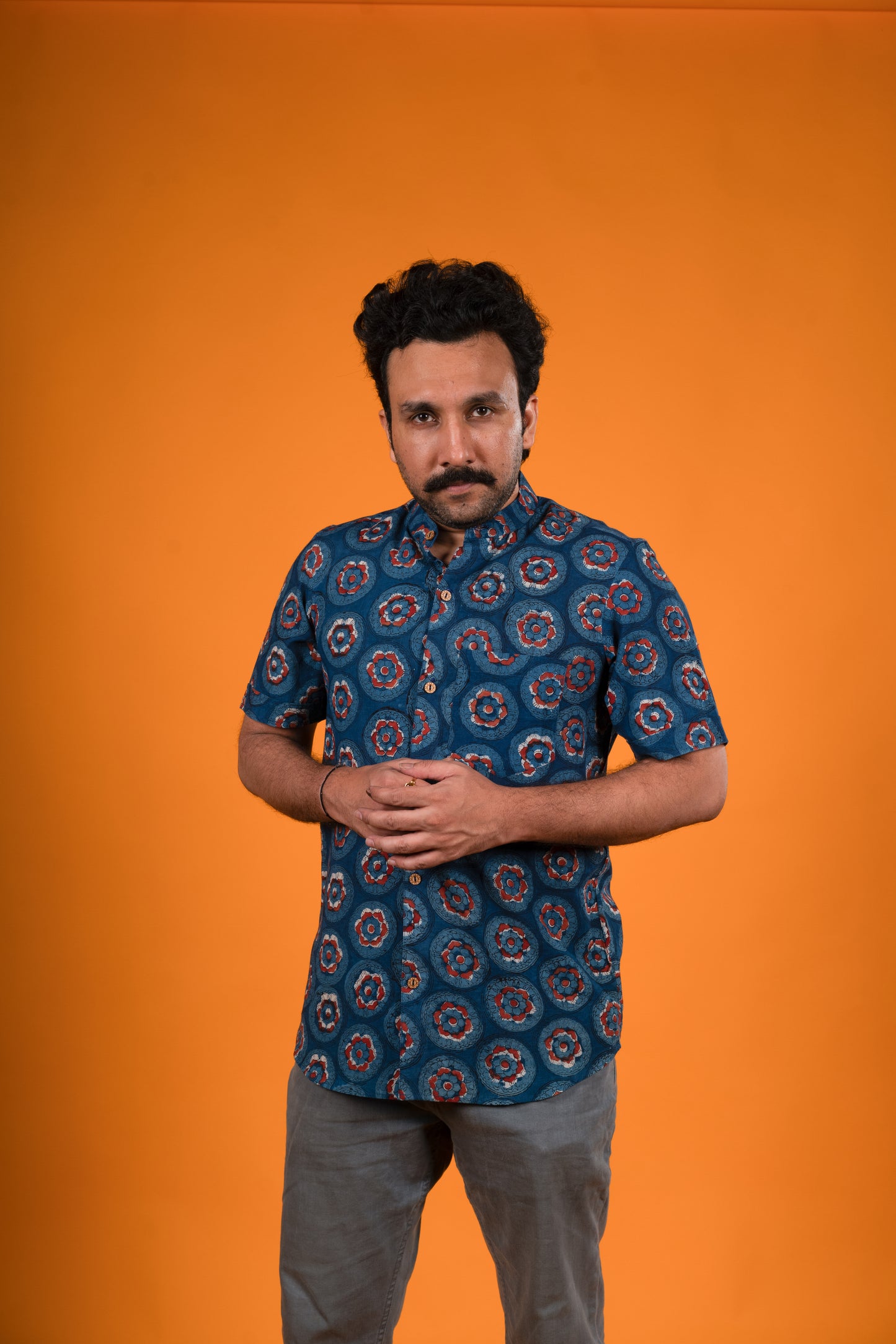 Red Flowers Indigo Print Shirt