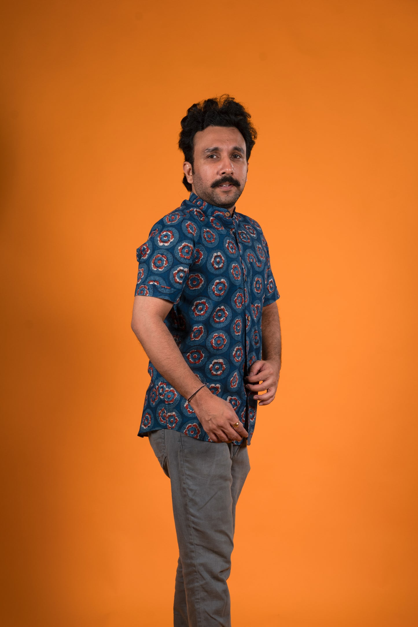 Red Flowers Indigo Print Shirt