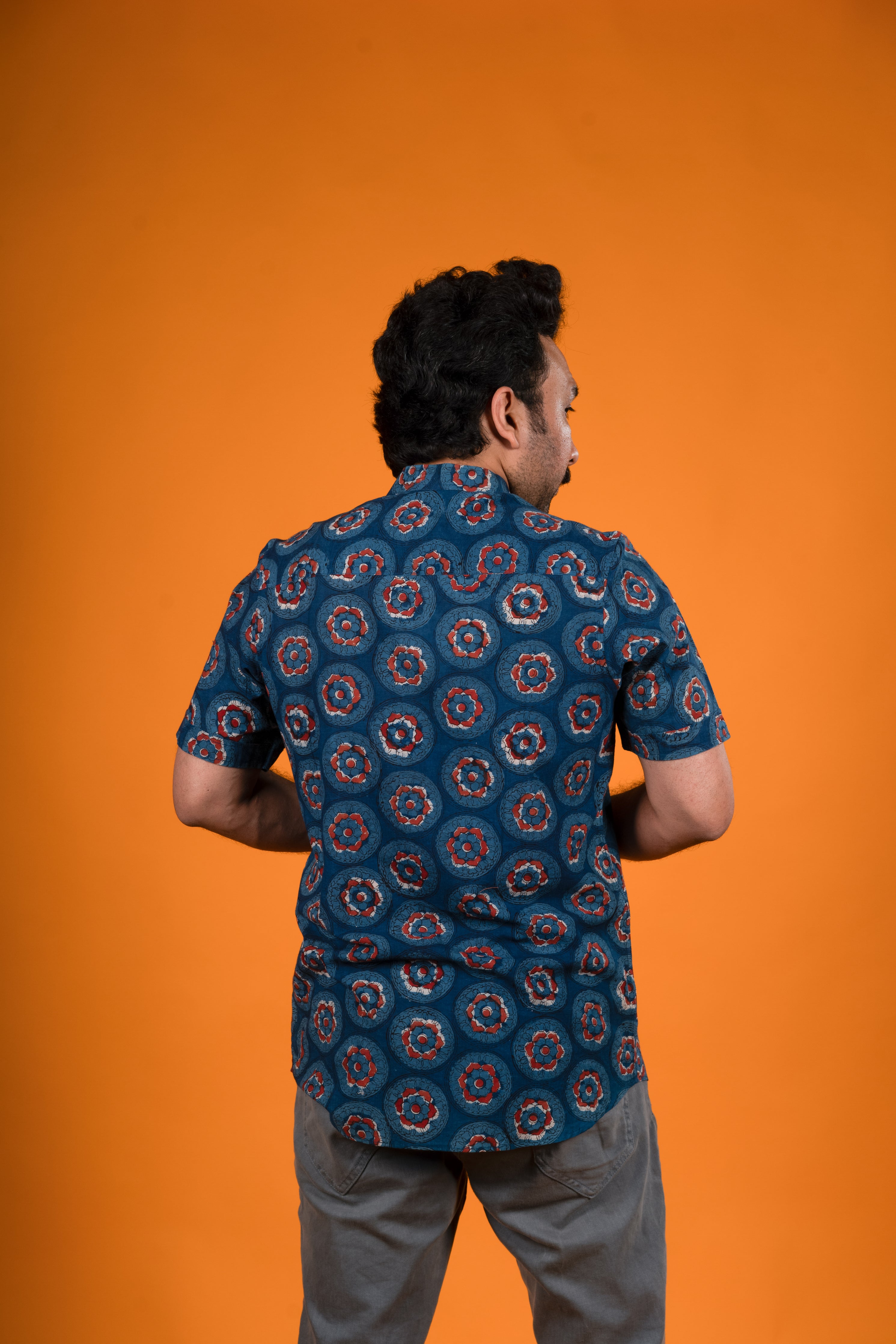 Red Flowers Indigo Print Shirt