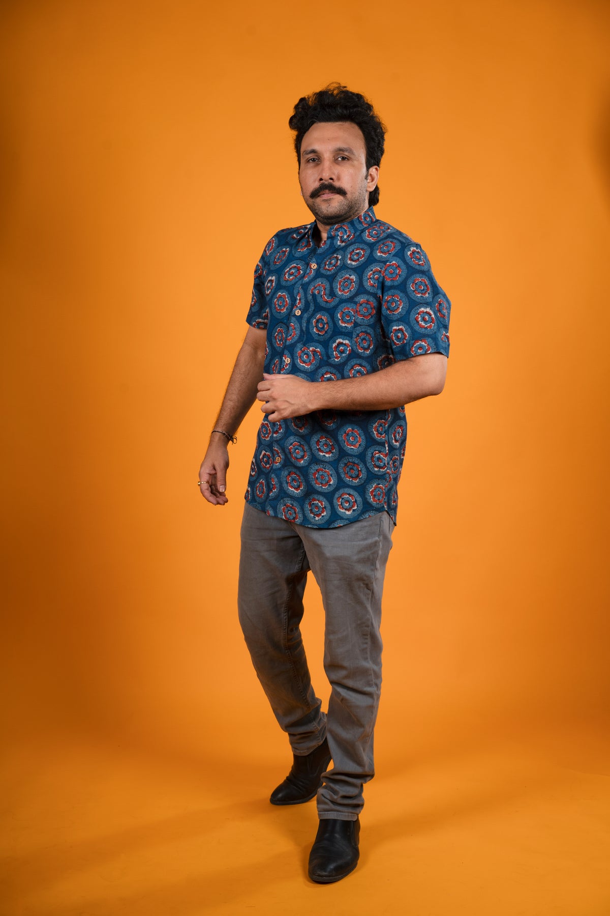 Red Flowers Indigo Print Shirt