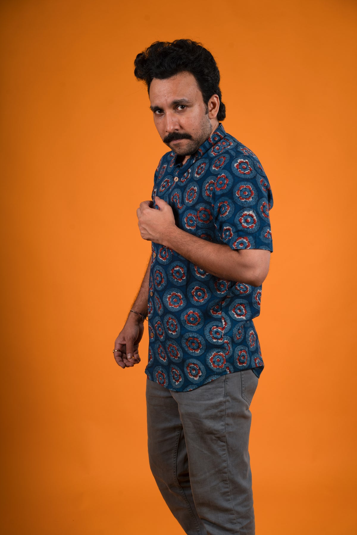 Red Flowers Indigo Print Shirt