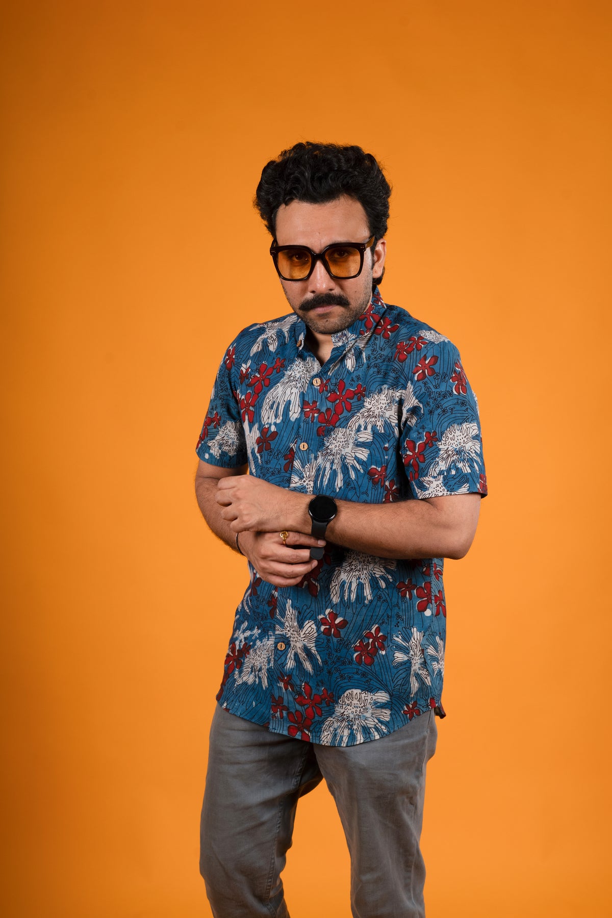 Red White Flowers Indigo Print Shirt