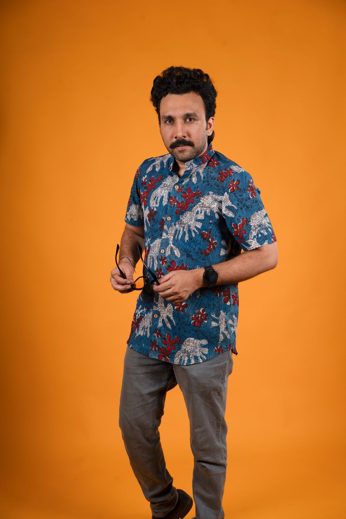 Red White Flowers Indigo Print Shirt