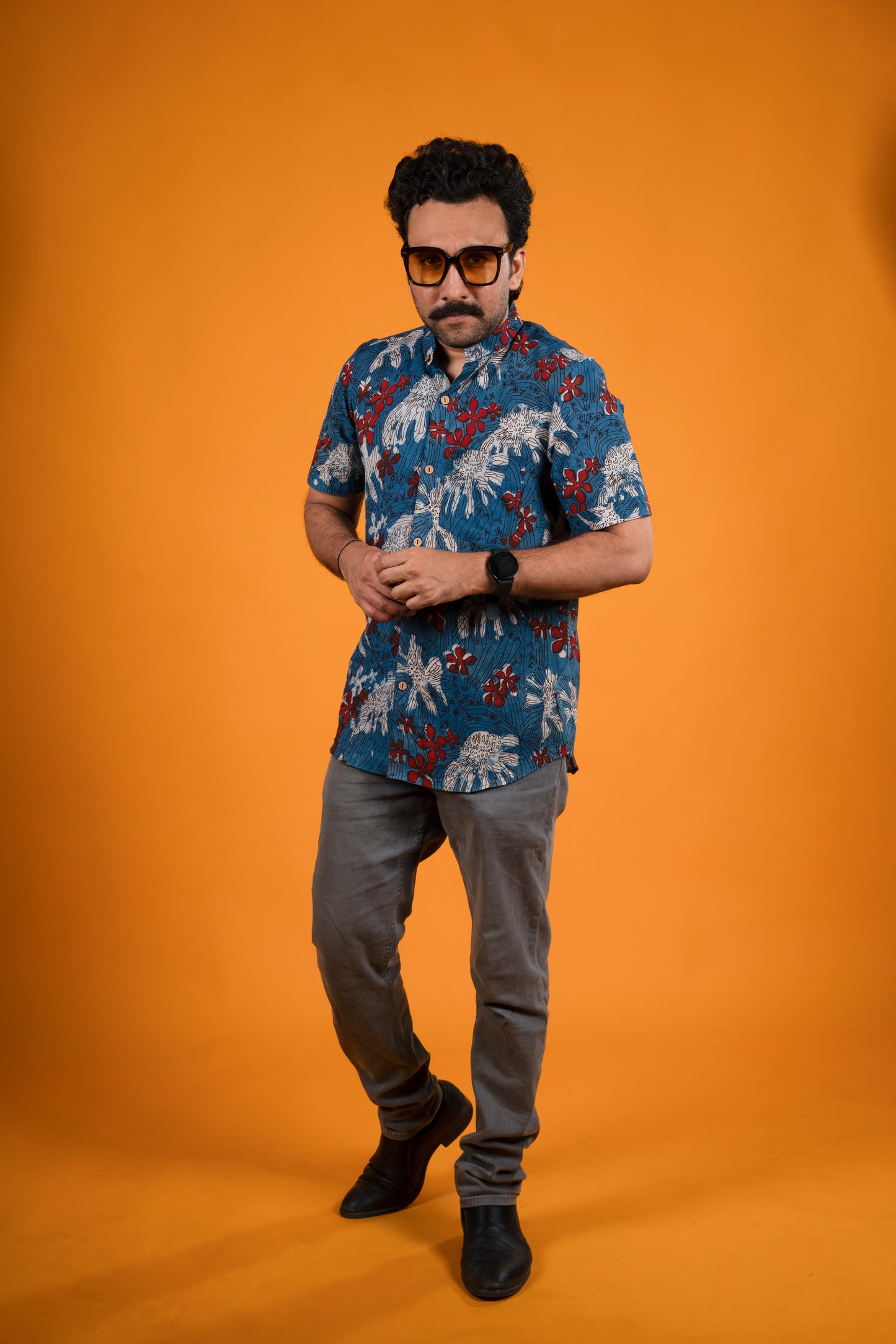 Red White Flowers Indigo Print Shirt