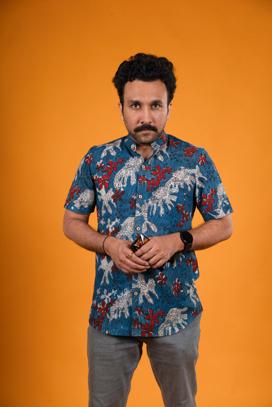 Red White Flowers Indigo Print Shirt