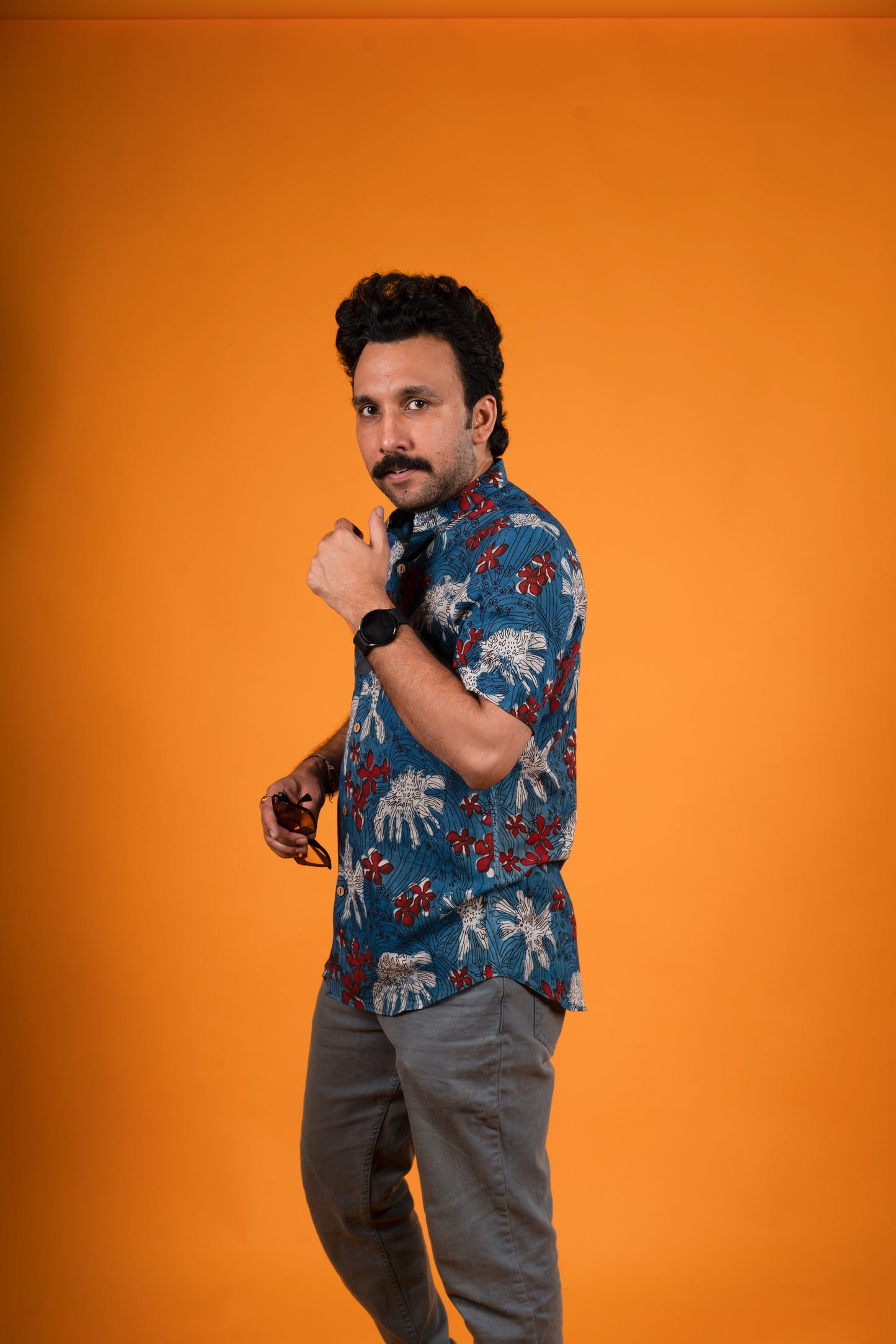 Red White Flowers Indigo Print Shirt