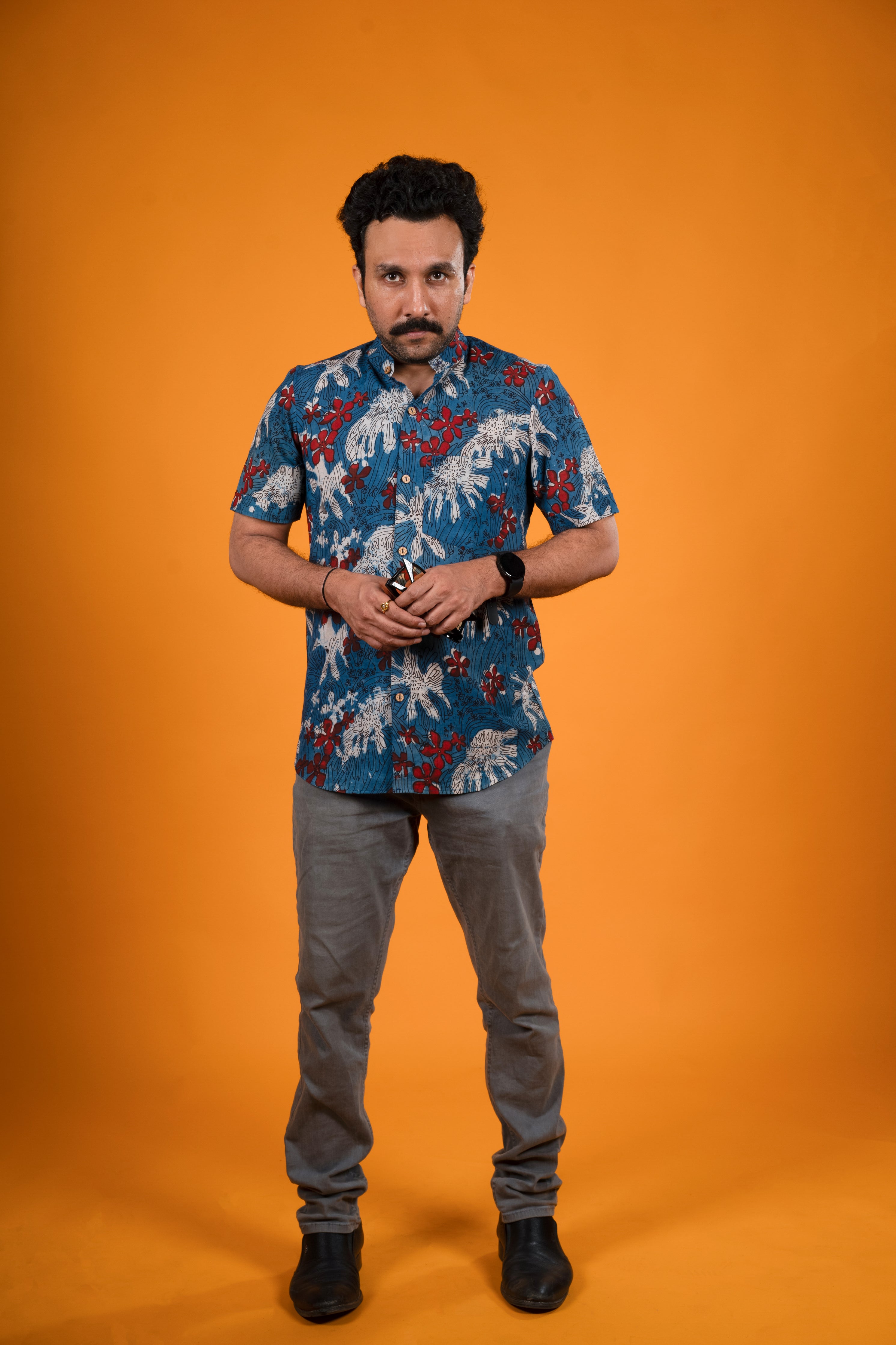 Red White Flowers Indigo Print Shirt