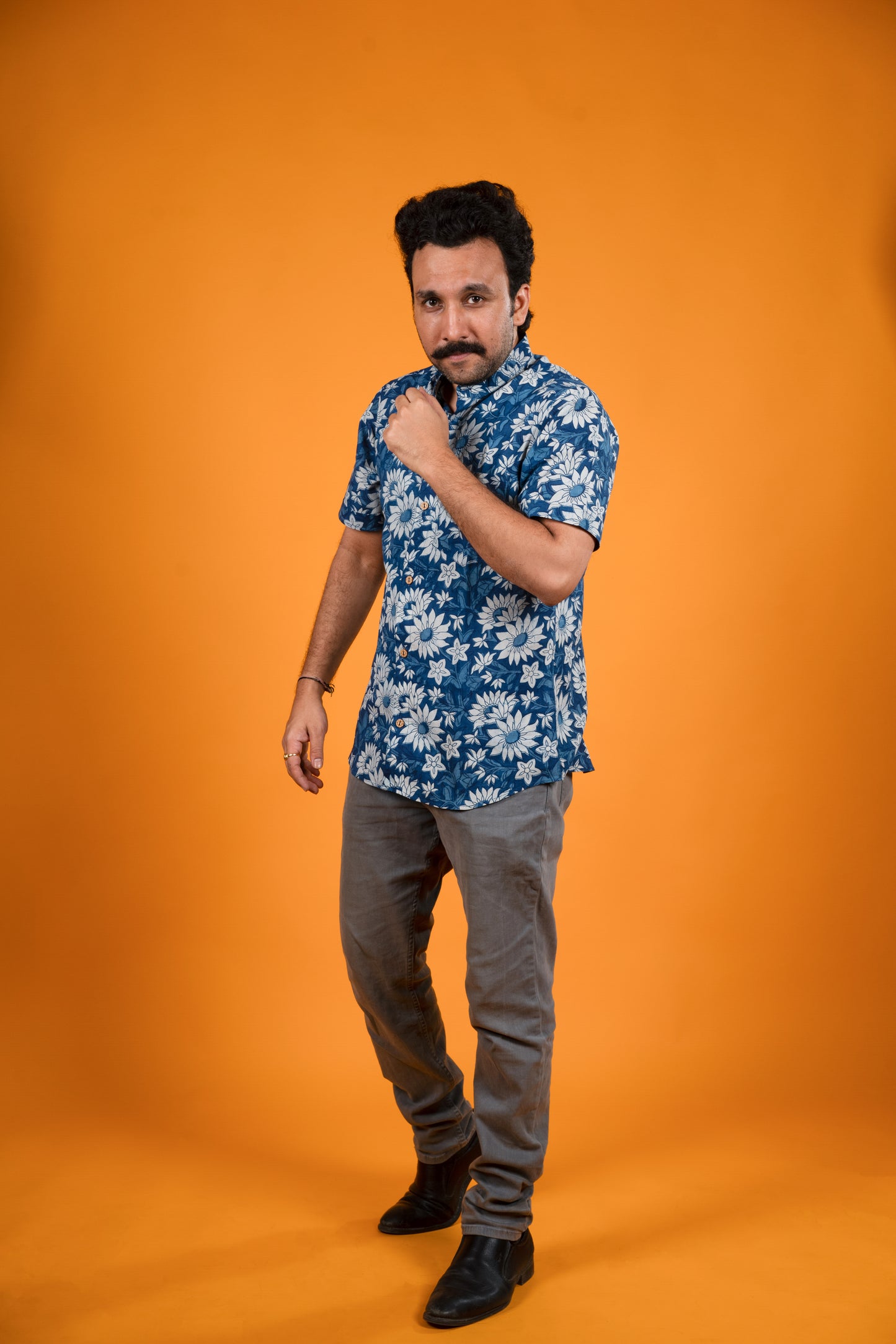 White Flowers Indigo Print Shirt