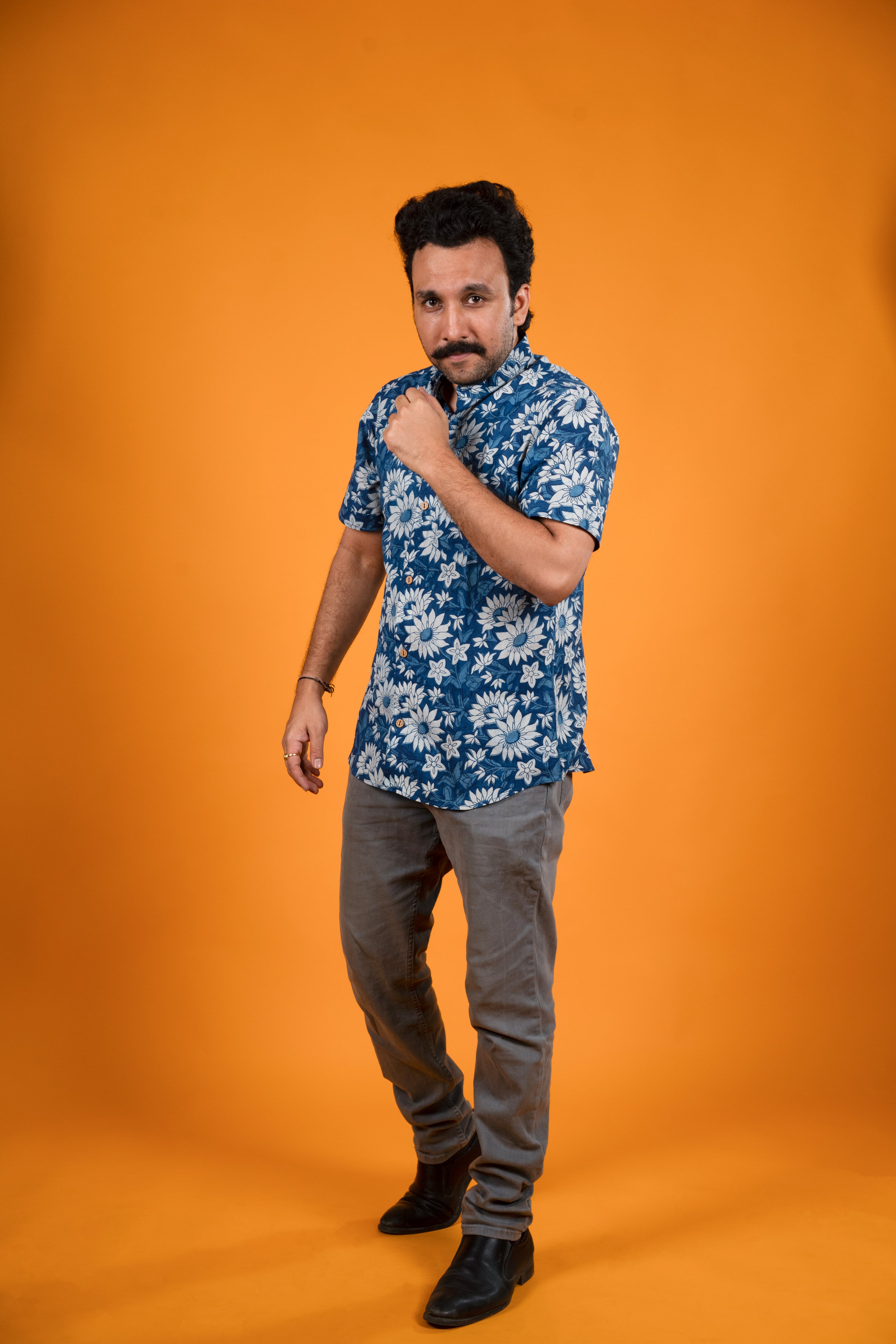 White Flowers Indigo Print Shirt