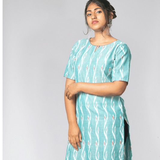 Ikkat Kurta - Sea Green