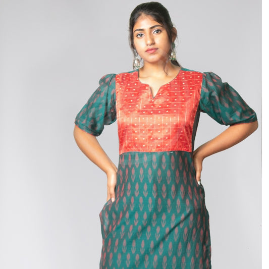 Jugalbandi Ikat Kurti - Green and Orange