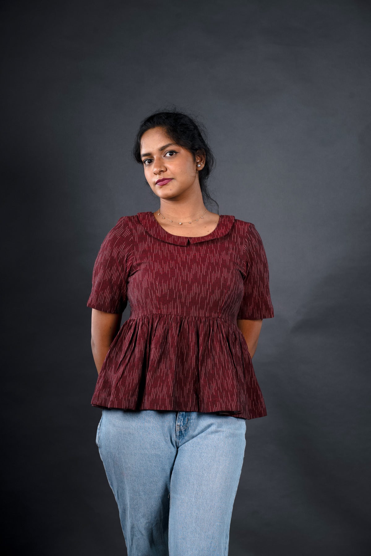 Maroon Ikat Peter Pan Collor short top