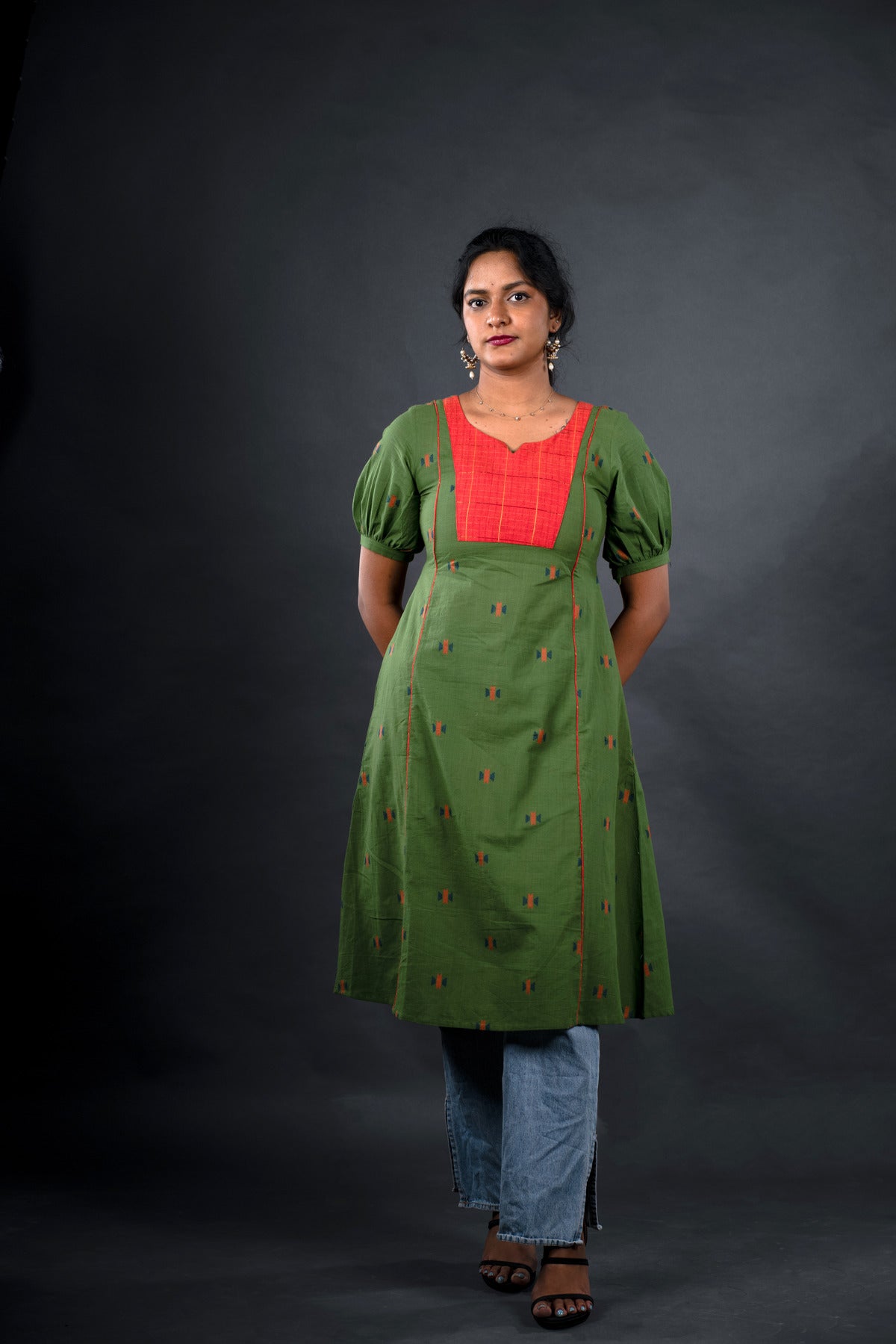 Green Jacquard with Mangalagiri Yoke - Jugalbandi Kurta