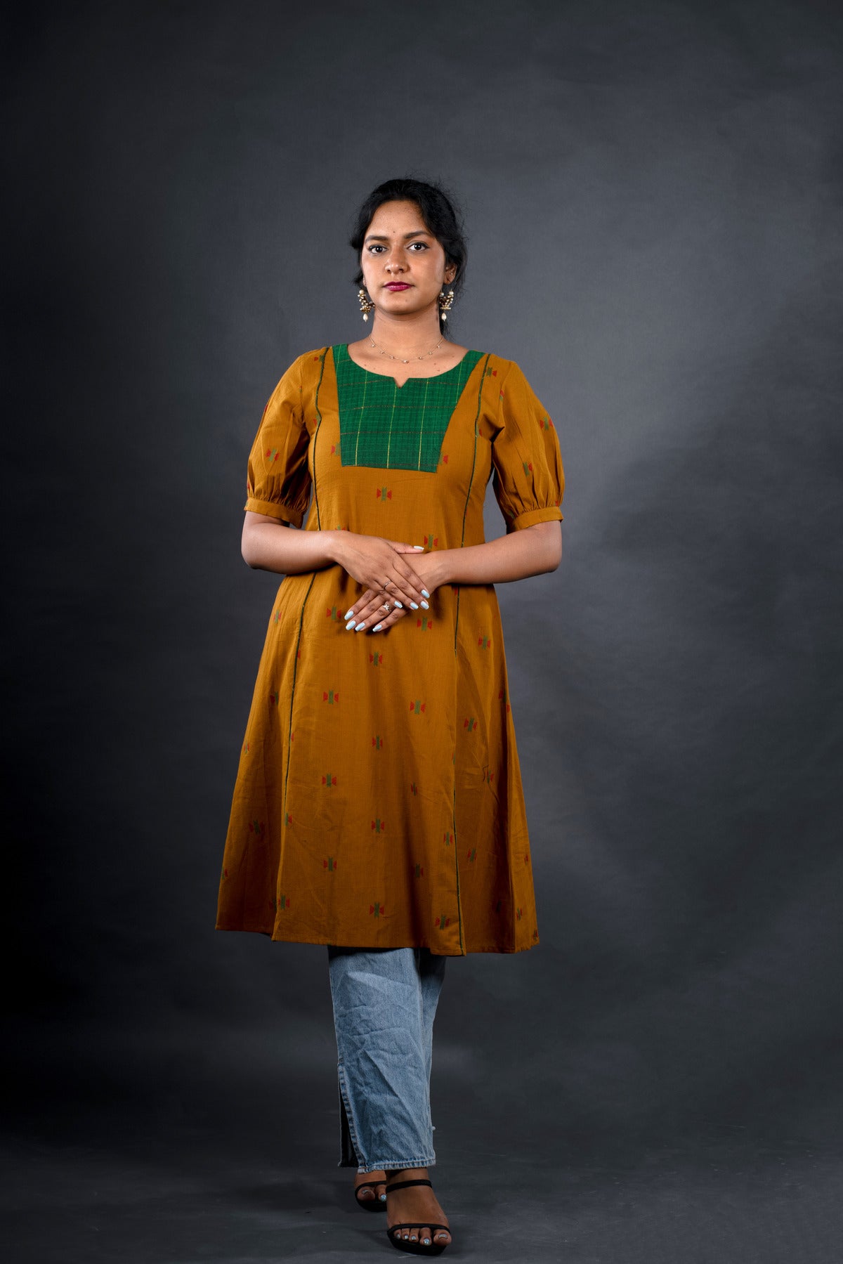 Mustard Jacquard with Mangalagiri Yoke - Jugalbandi Kurta