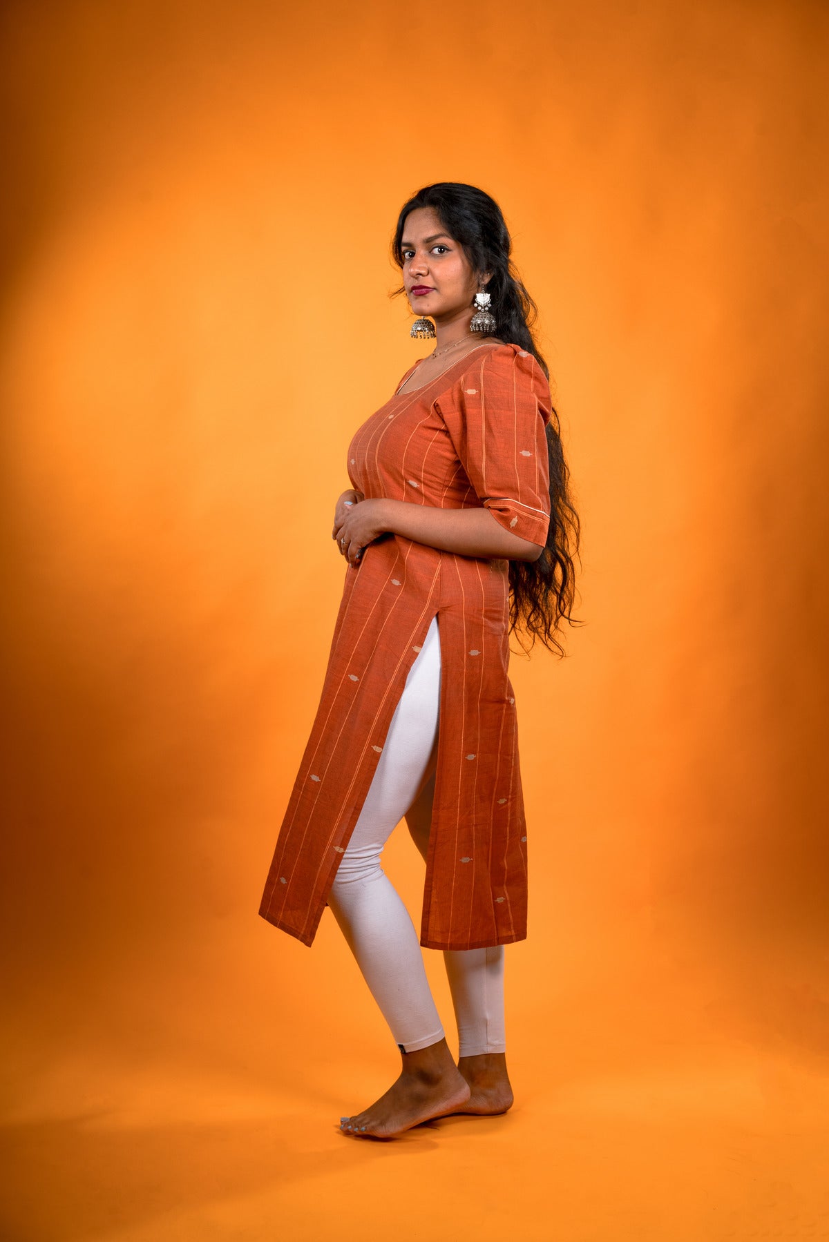 Golden brown Jamdani Kurta with Dori