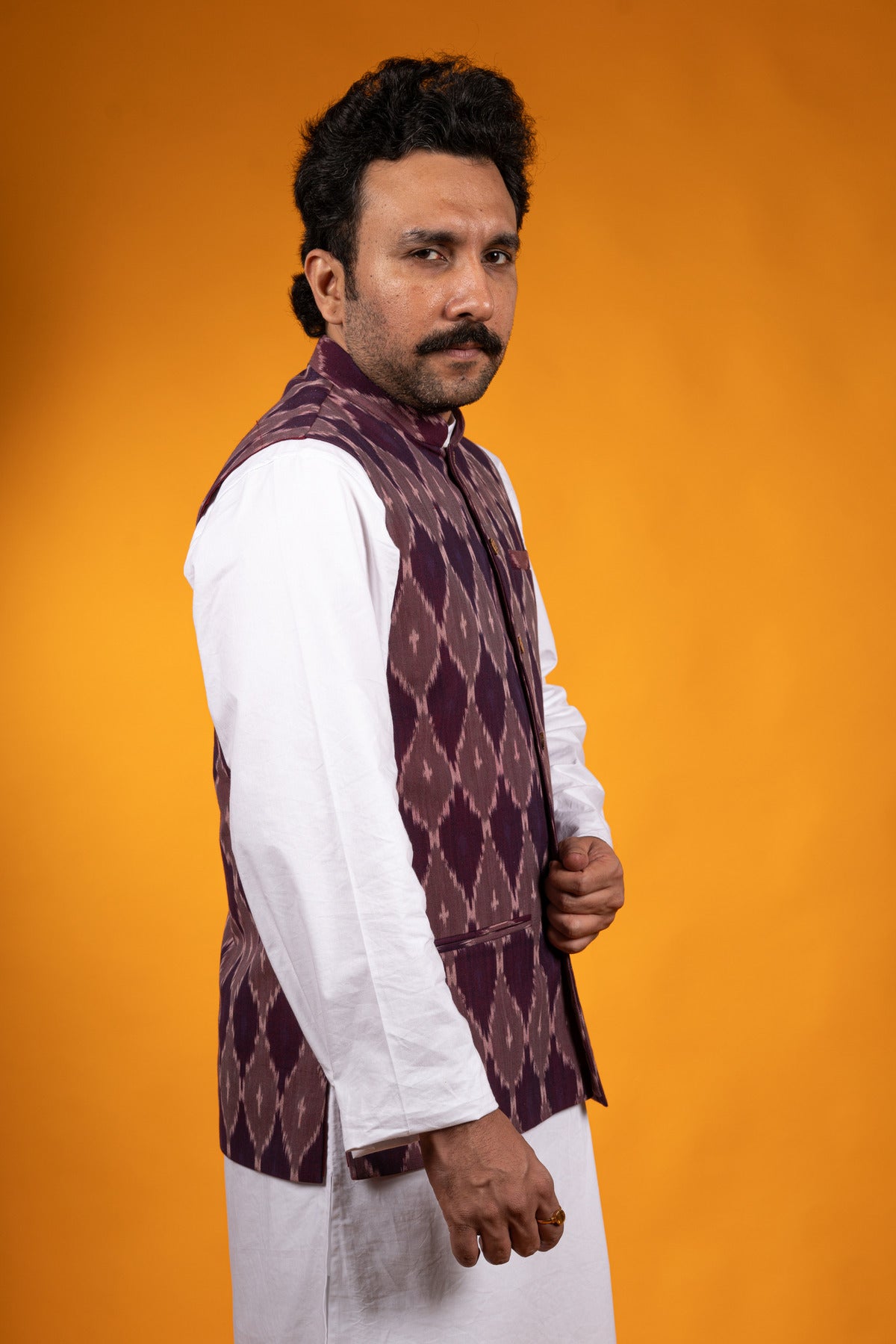 Dark Purple Ikat Nehru Jacket