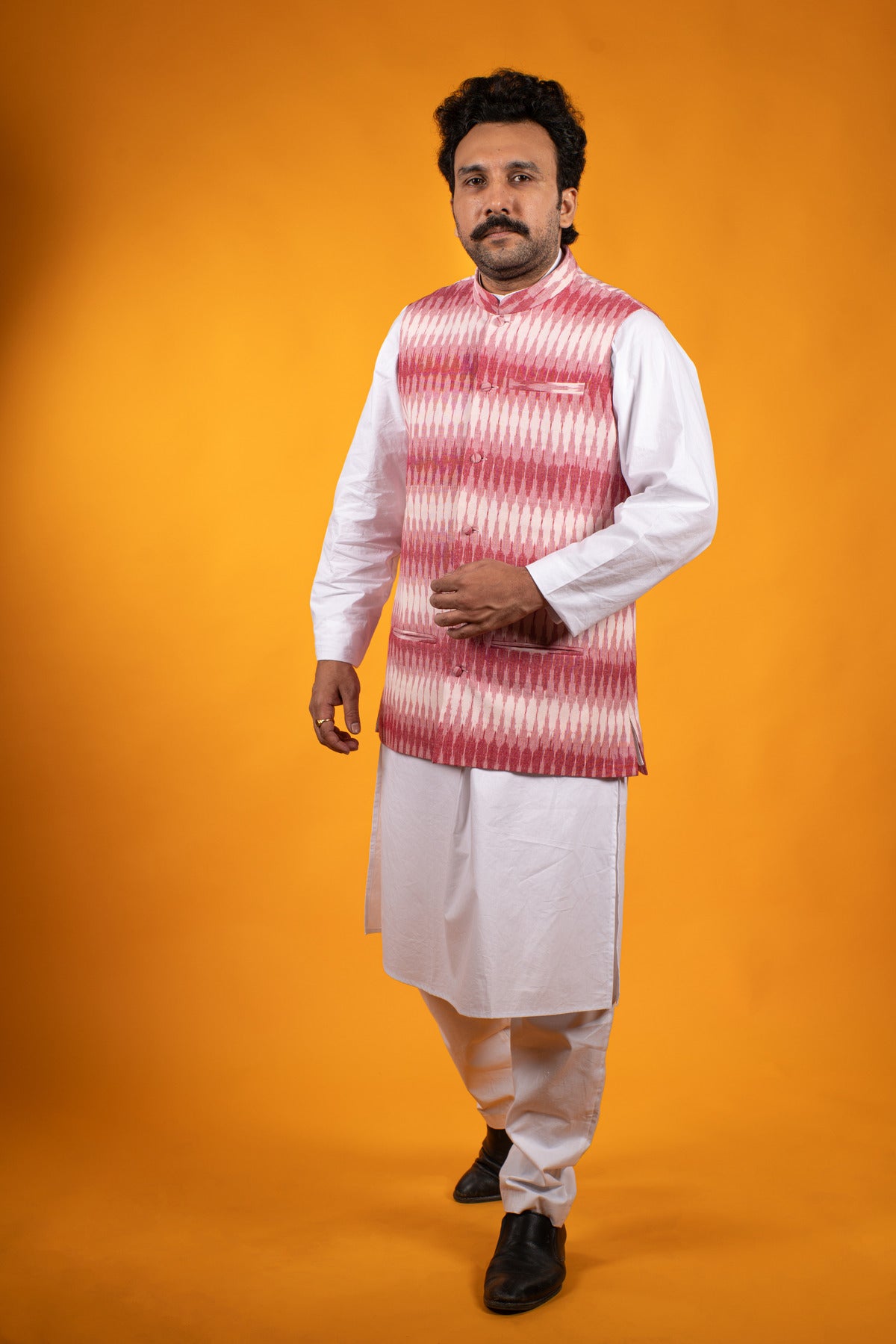 White and Red Ikat Nehru Jacket