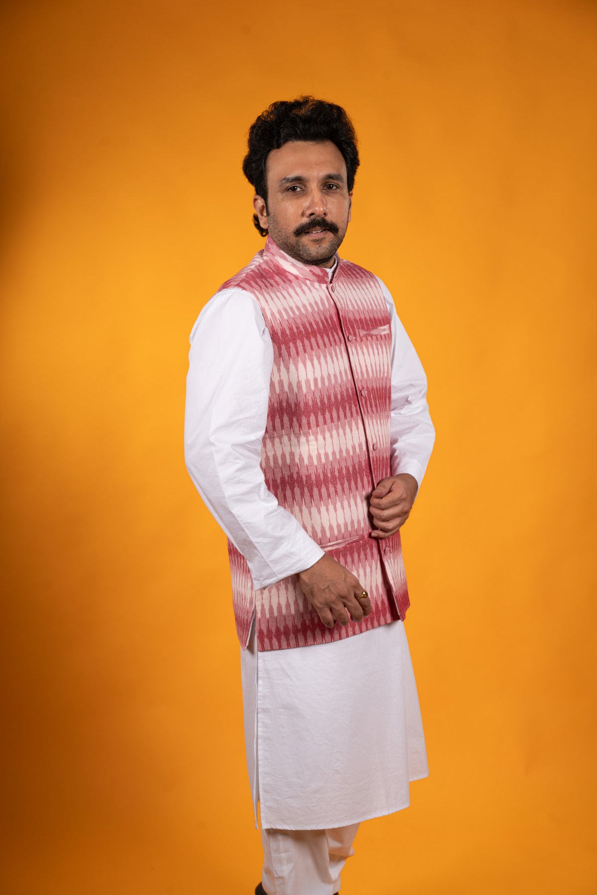 White and Red Ikat Nehru Jacket