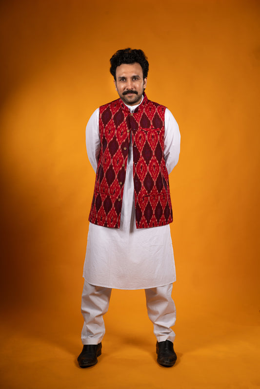 Dark Red Ikat Nehru Jacket