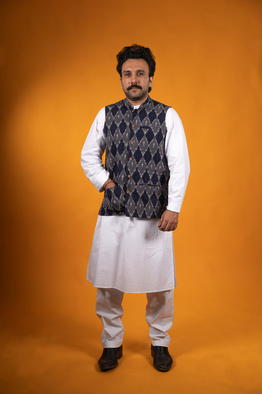 Grey Blue Ikat Nehru Jacket