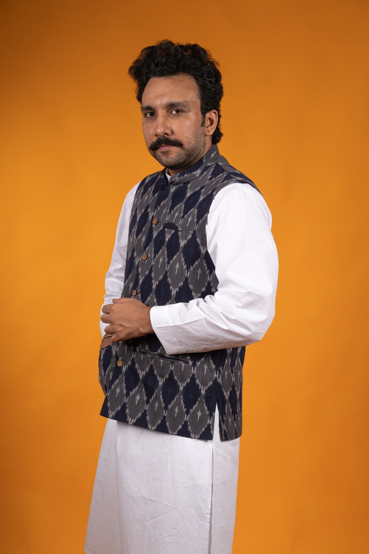 Grey Blue Ikat Nehru Jacket