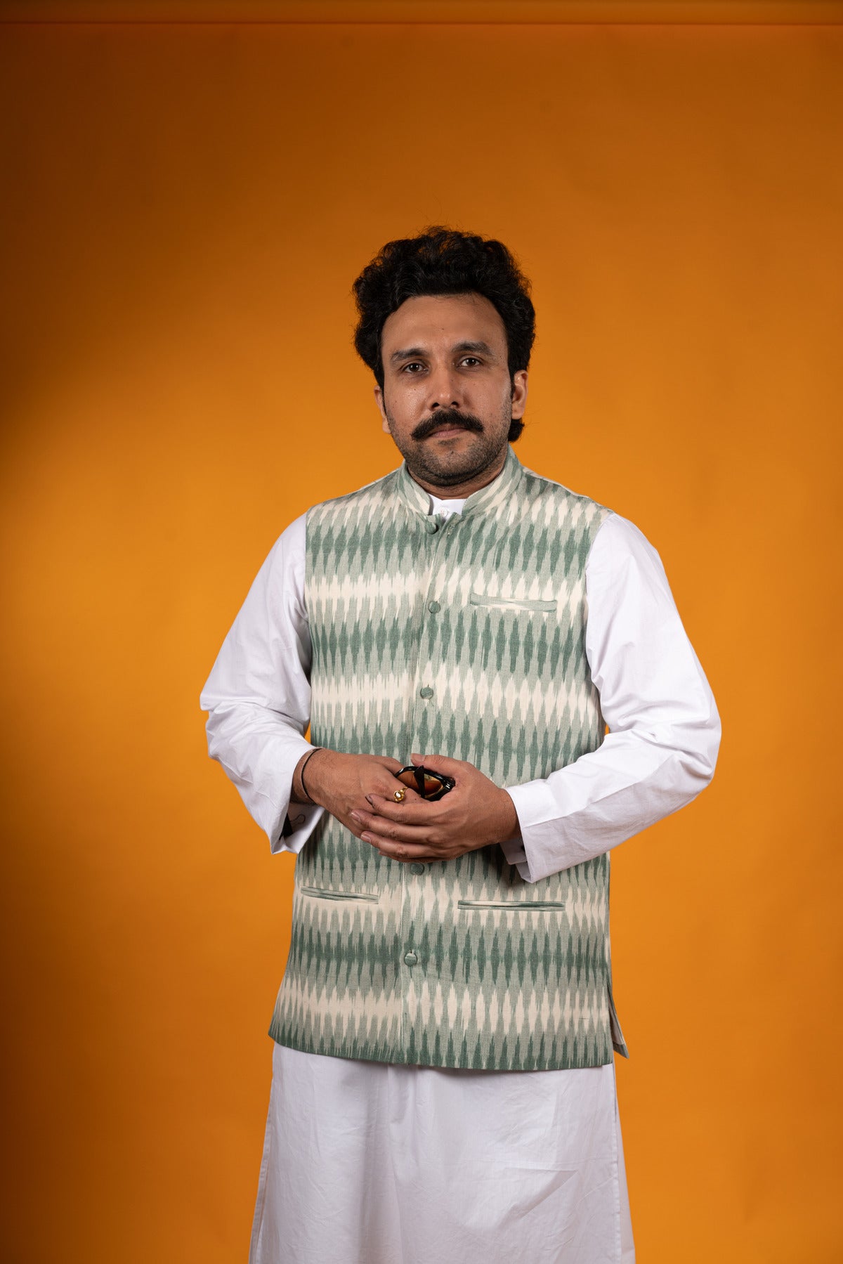 White and Green Ikat Nehru Jacket