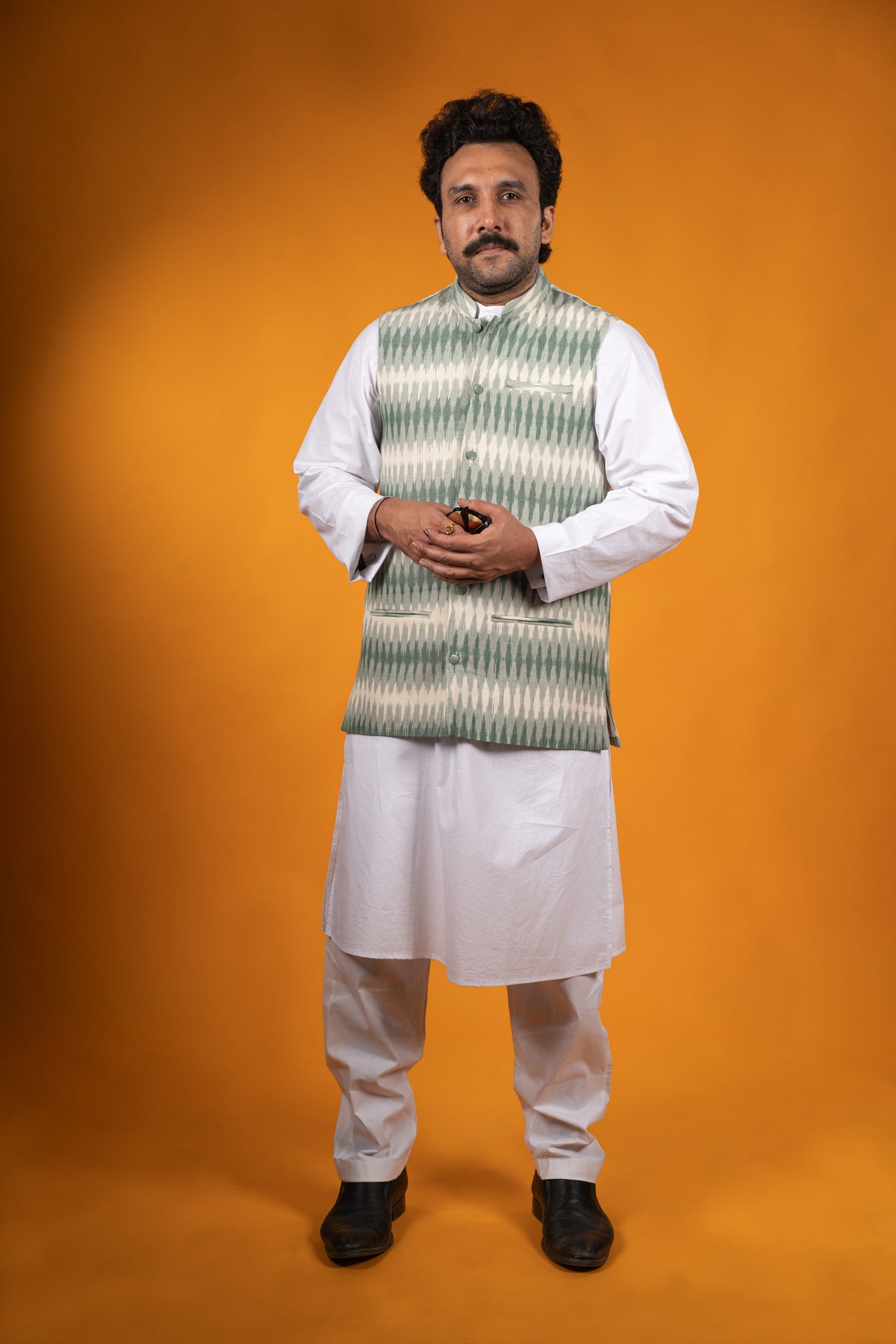 White and Green Ikat Nehru Jacket