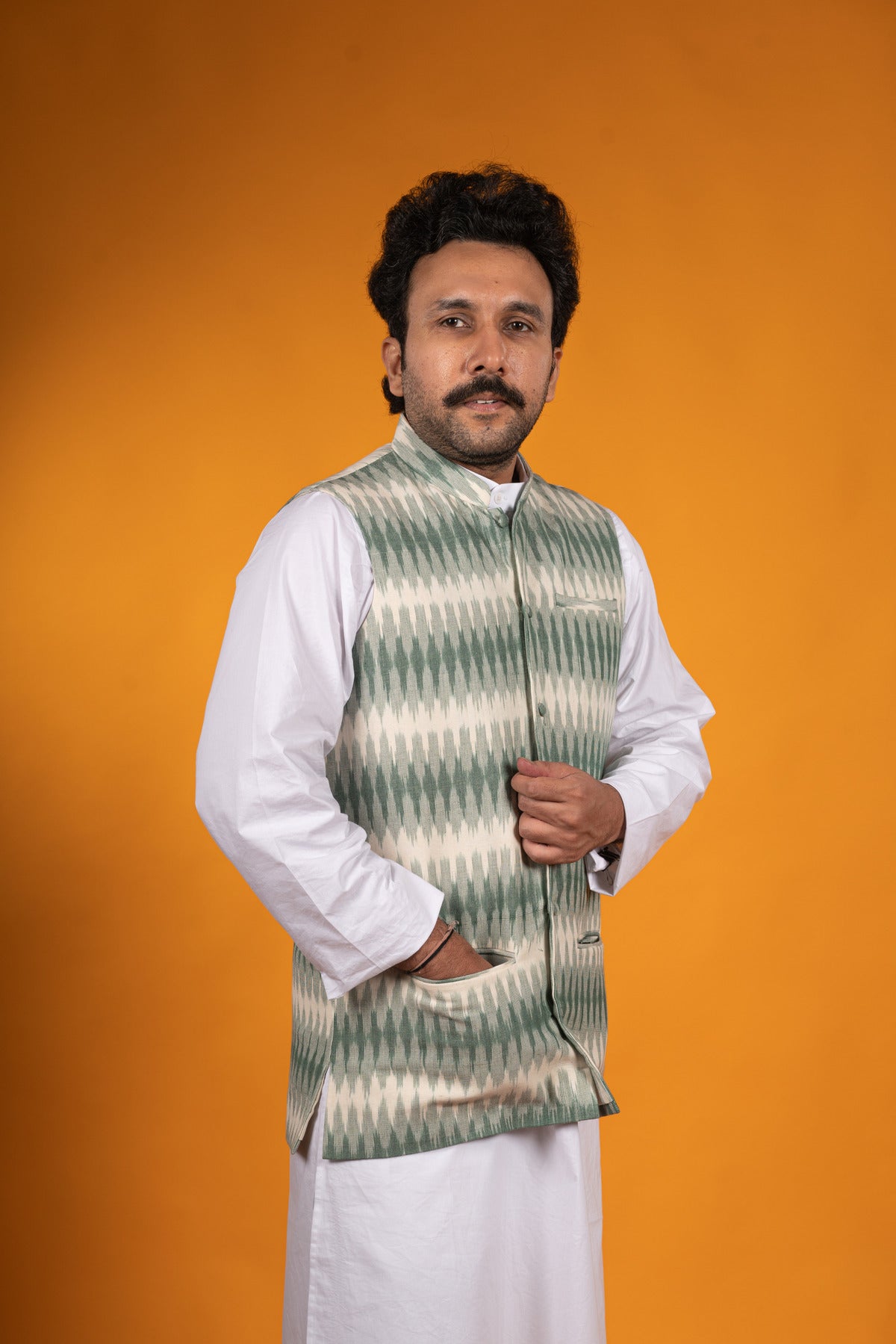 White and Green Ikat Nehru Jacket