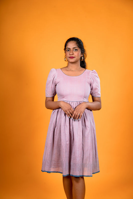 Lavender Khadi Stripes Dress - Padmini