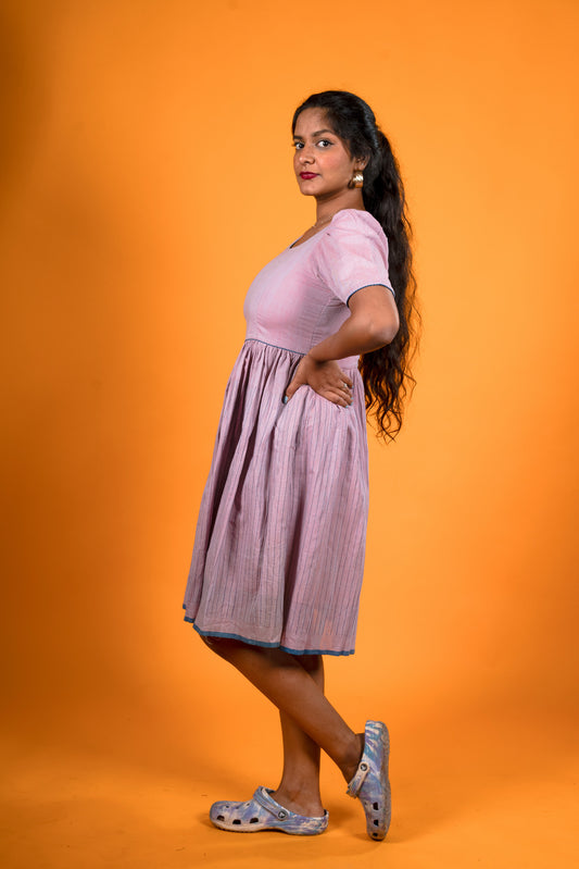 Lavender Khadi Stripes Dress - Padmini