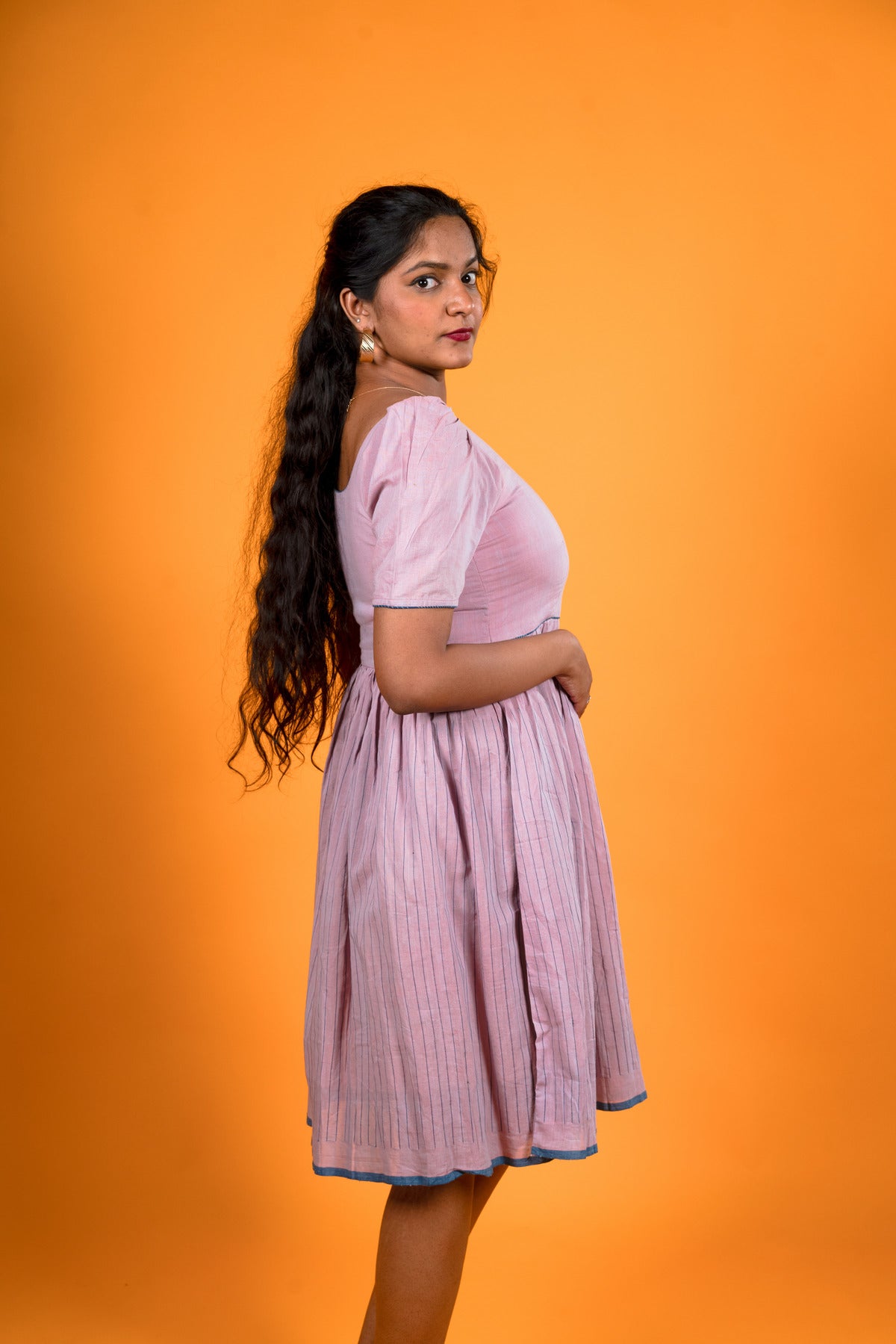 Lavender Khadi Stripes Dress - Padmini