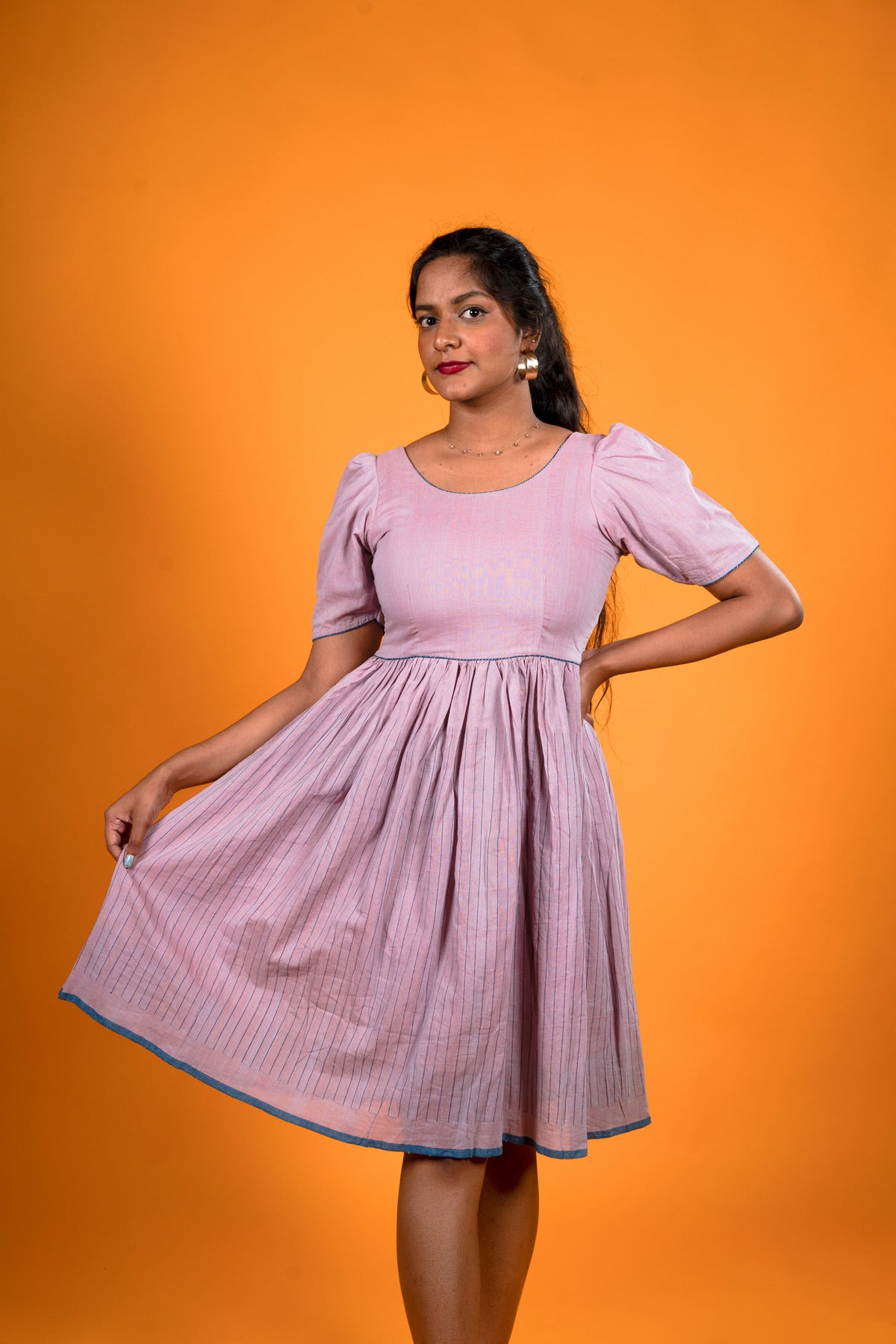 Lavender Khadi Stripes Dress - Padmini