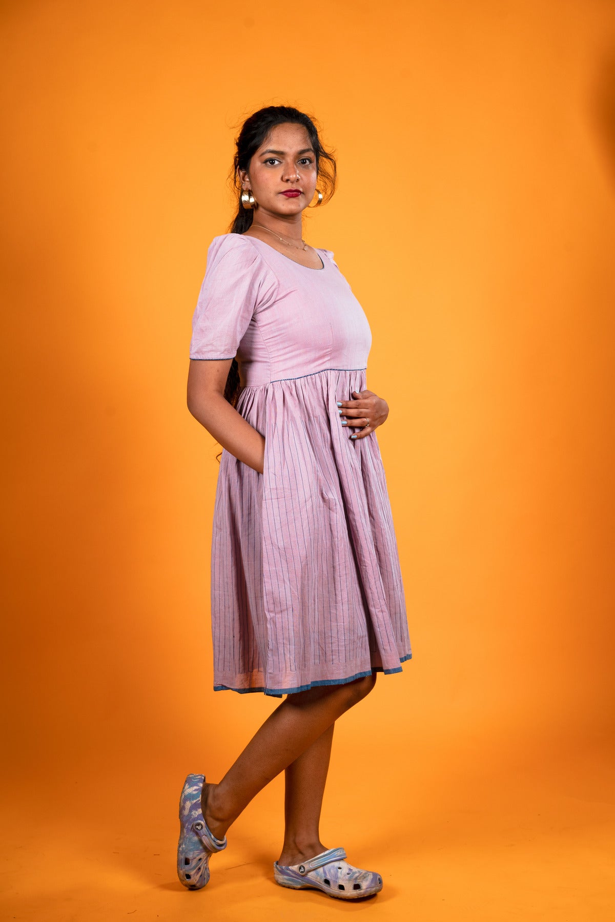 Lavender Khadi Stripes Dress - Padmini