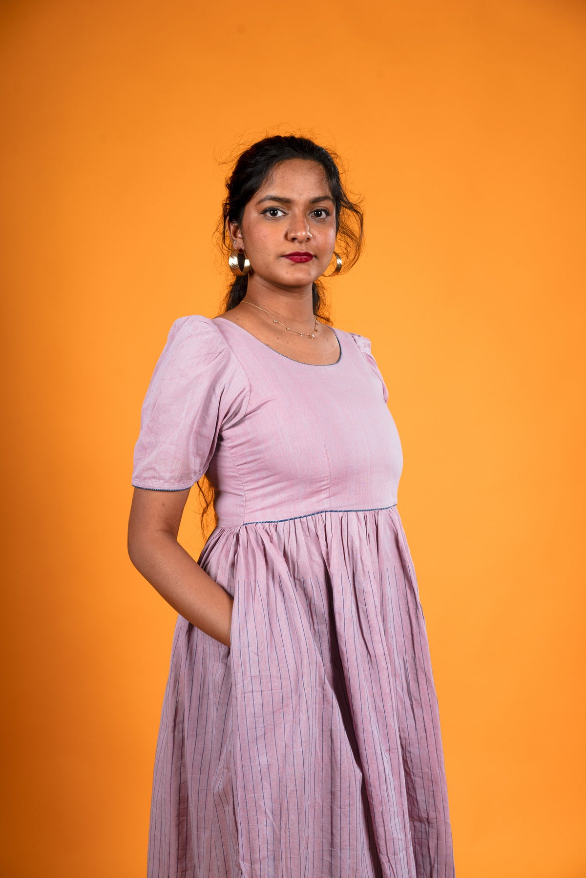 Lavender Khadi Stripes Dress - Padmini