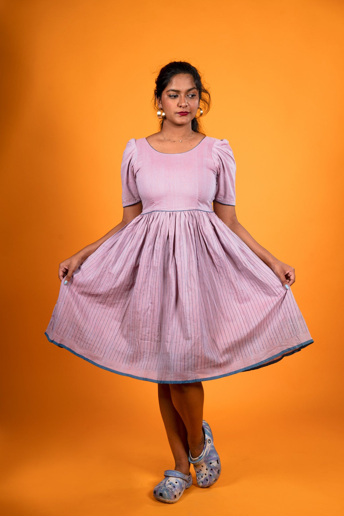 Lavender Khadi Stripes Dress - Padmini