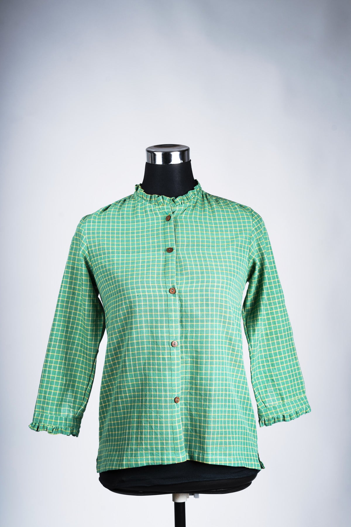 Khadi Olive Green  Shirt - Checks & Ruffles collor