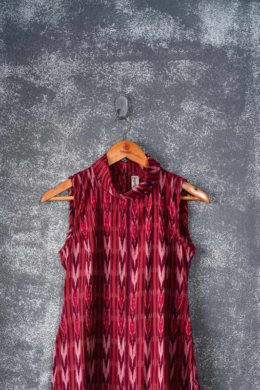 Wine Red Ikat Dress - Turtle neck