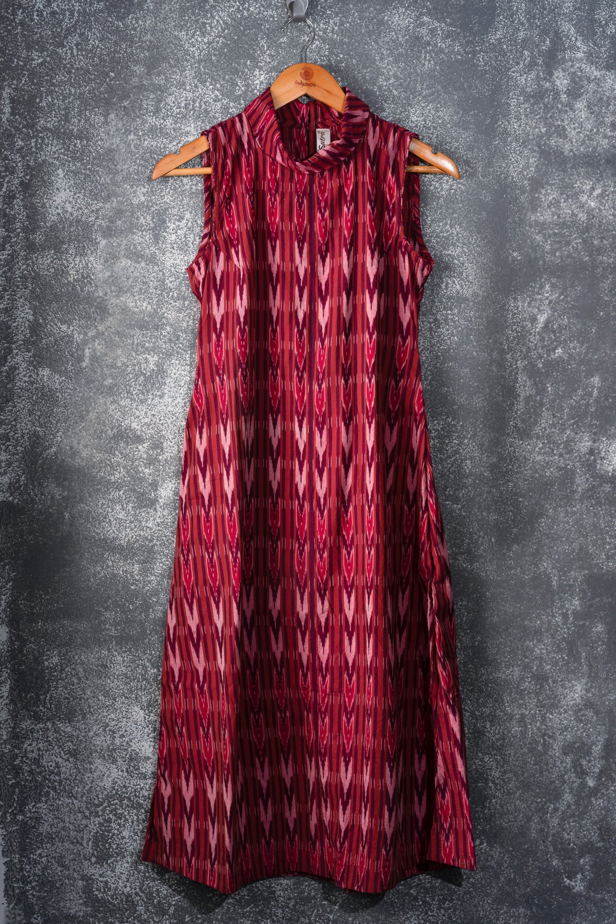 Wine Red Ikat Dress - Turtle neck