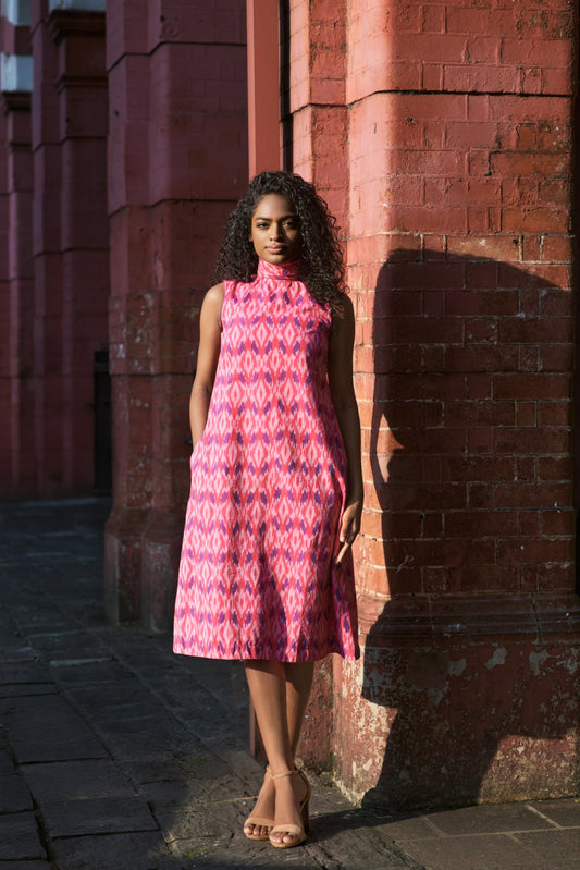 Ikat Pink dress - Turtle neck