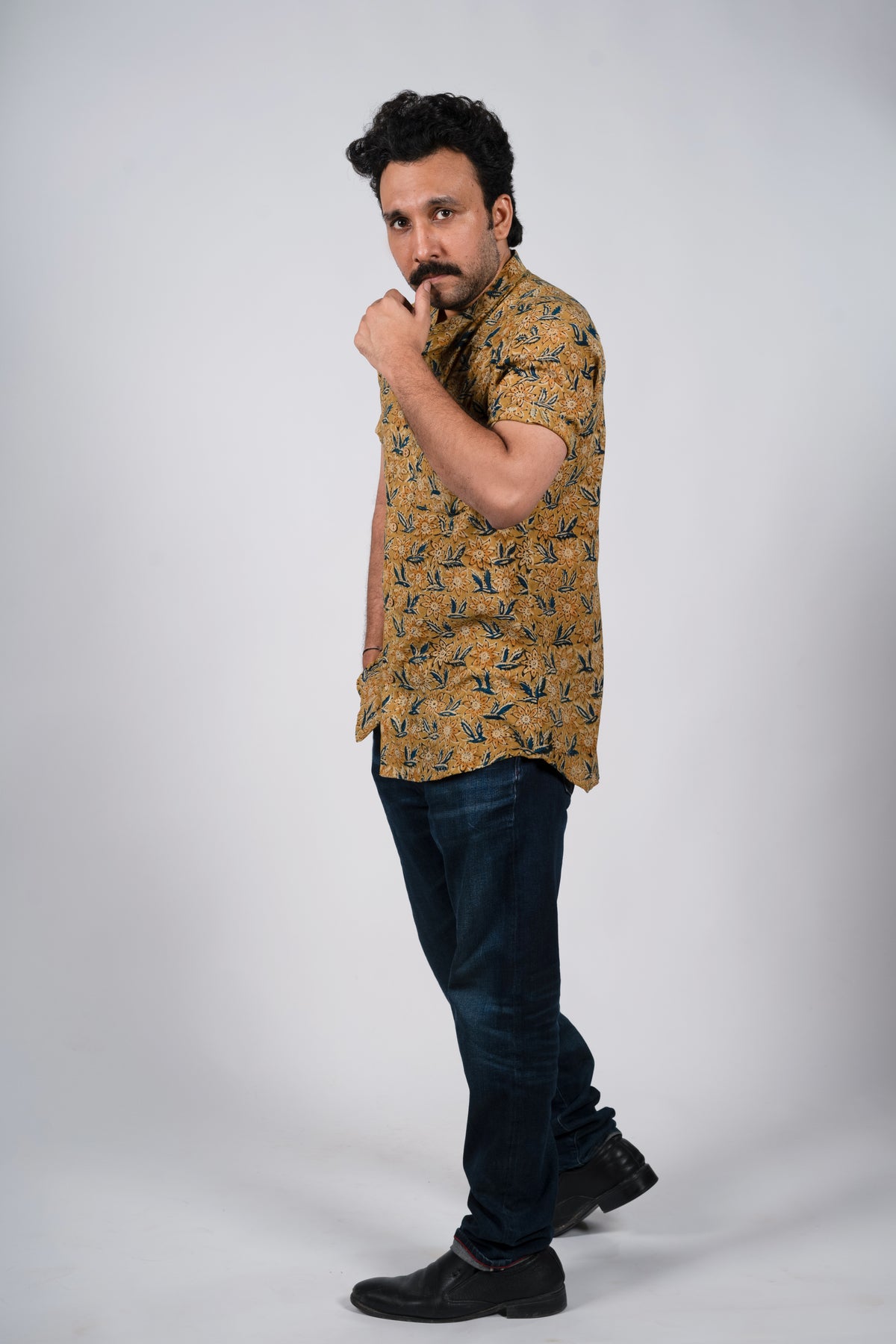 Mustard Yellow and Indigo Kalankari Shirt