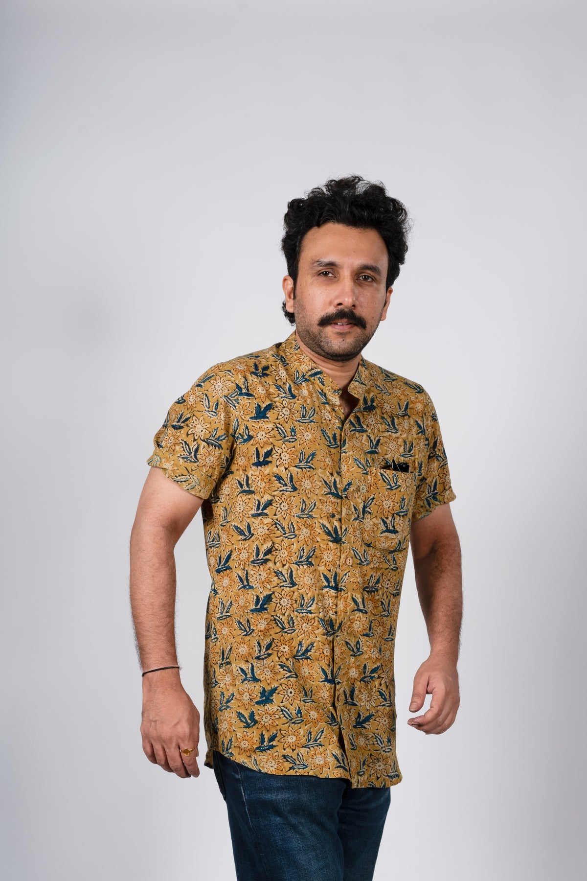 Mustard Yellow and Indigo Kalankari Shirt