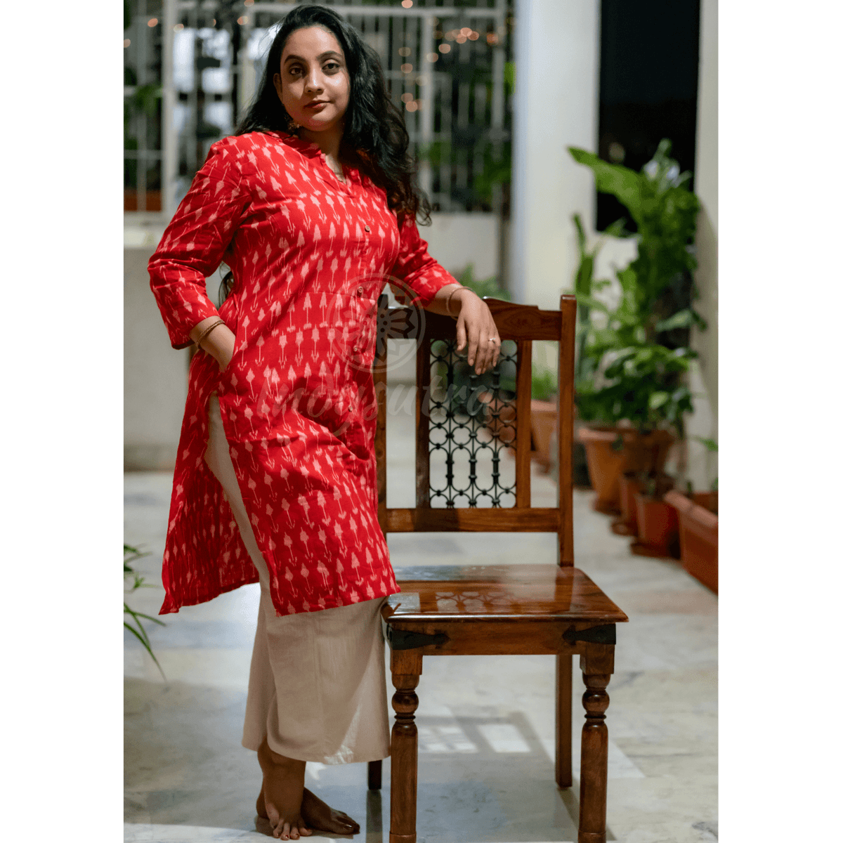 Ikkat Kurta - Cherry Red